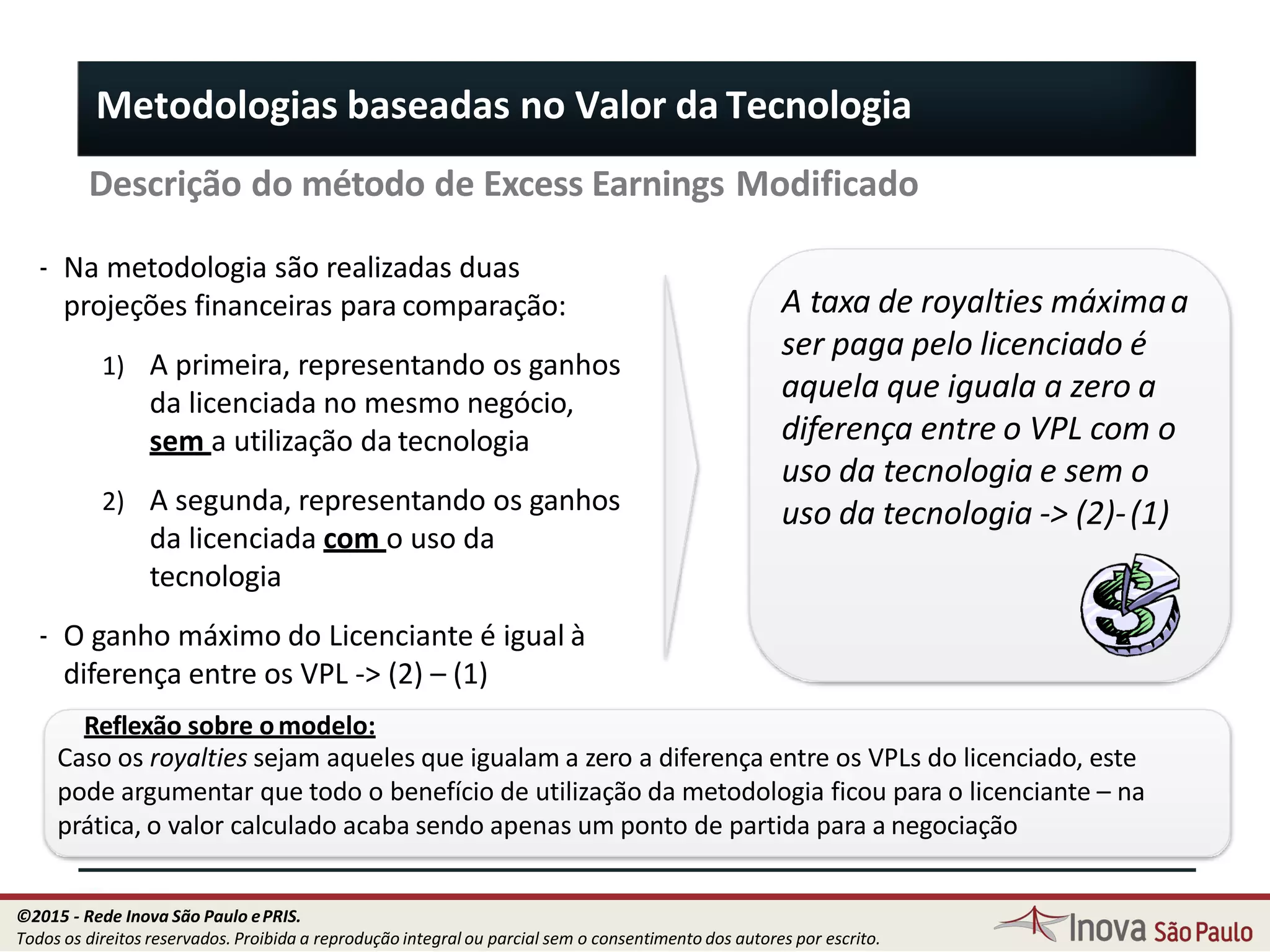 Descrição do método de Excess Earnings Modificado
A taxa de royalties máximaa
ser paga pelo licenciado é
aquela que iguala a zero a
diferença entre o VPL com o
uso da tecnologia e sem o
uso da tecnologia -> (2)-(1)
Metodologias baseadas no Valor da Tecnologia
‐ Na metodologia são realizadas duas
projeções financeiras para comparação:
1) A primeira, representando os ganhos
da licenciada no mesmo negócio,
sem a utilização da tecnologia
2) A segunda, representando os ganhos
da licenciada com o uso da
tecnologia
‐ O ganho máximo do Licenciante é igual à
diferença entre os VPL -> (2) – (1)
Reflexão sobre omodelo:
89
Caso os royalties sejam aqueles que igualam a zero a diferença entre os VPLs do licenciado, este
pode argumentar que todo o benefício de utilização da metodologia ficou para o licenciante – na
prática, o valor calculado acaba sendo apenas um ponto de partida para a negociação
©2015 - Rede Inova São Paulo ePRIS.
Todos os direitos reservados. Proibida a reprodução integral ou parcial sem o consentimento dos autores por escrito.
 