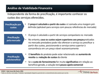 Precificação por
custos
Precificação
pelomercado
• O preço é calculado a partir do custo e é somada uma margem pré-
definida (aplicável para serviços com poucas referências de mercado)
• O preço é calculado a partir de serviços comparáveis no mercado
• No entanto, caso os custos sejam superiores aos preçospraticados
no mercado prestadora pode não oferecer o serviço ou precificar a
partir dos custos, posicionando o serviço como superior à
concorrência em um preço viável economicamente
Independente da forma de precificação, é importante conhecer os
custos dos serviços oferecidos.
Análise de ViabilidadeFinanceira
Precificação
pelobenefício
132
• O benefício do produto pode estar relacionado ao aumento de
receita ou redução de custos docliente
• Se o custo de fornecimento for muito significativo em relação ao
benefício gerado, a solução terá pouco apelo comercial
©2015 - Rede Inova São Paulo ePRIS.
Todos os direitos reservados. Proibida a reprodução integral ou parcial sem o consentimento dos autores por escrito.
 