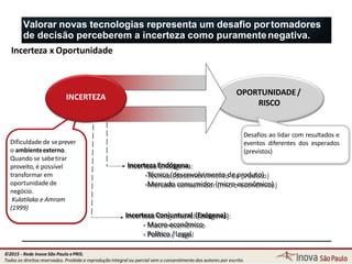 Incerteza Endógena:
-Técnica (desenvolvimento de produto)
-Mercado consumidor (micro-econômico)
Incerteza Conjuntural (Exógena):
- Macro-econômico
- Político /Legal
Dificuldade de seprever
o ambienteexterno.
Quando se sabetirar
proveito, é possível
transformar em
oportunidade de
negócio.
Kulatilaka e Amram
(1999)
Incerteza x Oportunidade
Valorar novas tecnologias representa um desafio portomadores
de decisão perceberem a incerteza como puramentenegativa.
OPORTUNIDADE/
RISCO
INCERTEZA
Desafios ao lidar com resultados e
eventos diferentes dos esperados
(previstos)
22
©2015 - Rede Inova São Paulo ePRIS.
Todos os direitos reservados. Proibida a reprodução integral ou parcial sem o consentimento dos autores por escrito.
 