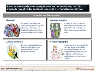 Para ser patenteada, uma invenção deve ser uma novidade, possuir
atividade inventiva, ter aplicação industrial e ter suficiênciadescritiva.
Requisitos para Patenteamento
 Novidade
A invenção não deve estar
acessível ao público – seja por
descrição oral, escrita ou
através de qualquer meio de
comunicação antes do pedido
 Suficiênciadescritiva
A invenção deve ser passível de
ser descrita de forma clara e
suficiente, com indicação da
melhor forma de execução, de
modo a possibilitar a sua
realização por um técnico no
assunto.
 AplicaçãoIndustrial
Consiste na possibilidade de
inserção do produto e/ou
processo em escala de
produção industrial.
 Atividade Inventiva
A invenção e/ou modelo de
utilidade não podem ser uma
solução trivial, evidente, ou
óbvia para um especialista na
área
28
©2015 - Rede Inova São Paulo ePRIS.
Todos os direitos reservados. Proibida a reprodução integral ou parcial sem o consentimento dos autores por escrito.
 