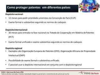 Como proteger patentes em diferentespaíses
Depósitonacional:
• 12 meses para pedir prioridade unionistas via Convenção de Paris(CUP)
• Exame formal e substantivo seguindo as normas de cadapaís
33
Depósitointernacional:
• 30 meses para entrada na fase nacional via Tratado de Cooperação em Matéria dePatentes
(PCT)
• Exame formal unificado e exame substantivo seguindo as normas de cadapaís
Depósitoregional
• Exemplos são Organização Europeia de Patentes (EPO), Organização Africana de Propriedade
Intelectual(OAPI)
• Possibilidade de exame formal e substantivo unificado
• É possível usar o depósito internacional em conjunto com o depósitoregional
©2015 - Rede Inova São Paulo ePRIS.
Todos os direitos reservados. Proibida a reprodução integral ou parcial sem o consentimento dos autores por escrito.
 