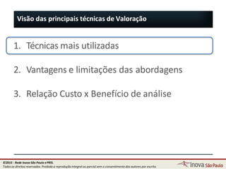 1. Técnicas mais utilizadas
2. Vantagens e limitações das abordagens
3. Relação Custo x Benefício de análise
Visão das principais técnicas de Valoração
37
©2015 - Rede Inova São Paulo ePRIS.
Todos os direitos reservados. Proibida a reprodução integral ou parcial sem o consentimento dos autores por escrito.
 