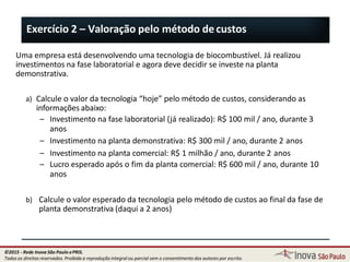 Exercício 2 – Valoração pelo método decustos
42
Uma empresa está desenvolvendo uma tecnologia de biocombustível. Já realizou
investimentos na fase laboratorial e agora deve decidir se investe na planta
demonstrativa.
a) Calcule o valor da tecnologia “hoje” pelo método de custos, considerando as
informações abaixo:
– Investimento na fase laboratorial (já realizado): R$ 100 mil / ano, durante 3
anos
– Investimento na planta demonstrativa: R$ 300 mil / ano, durante 2 anos
– Investimento na planta comercial: R$ 1 milhão / ano, durante 2 anos
– Lucro esperado após o fim da planta comercial: R$ 600 mil / ano, durante 10
anos
b) Calcule o valor esperado da tecnologia pelo método de custos ao final da fase de
planta demonstrativa (daqui a 2 anos)
©2015 - Rede Inova São Paulo ePRIS.
Todos os direitos reservados. Proibida a reprodução integral ou parcial sem o consentimento dos autores por escrito.
 