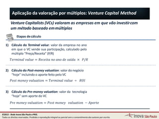 Aplicação da valoração por múltiplos: Venture Capital Method
Venture Capitalists (VCs) valoram as empresas em que vão investircom
um método baseado emmúltiplos
Etapas decálculo
1) Cálculo do Terminal value: valor da empresa no ano
em que o VC vende sua participação, calculado pelo
múltiplo “Preço/Receita” (P/R)
𝑇𝑒𝑟𝑚𝑖𝑛𝑎𝑙 𝑣𝑎𝑙𝑢𝑒 = 𝑅𝑒𝑐𝑒𝑖𝑡𝑎 𝑛𝑜 𝑎𝑛𝑜 𝑑𝑒 𝑠𝑎í𝑑𝑎 × 𝑃/𝑅
2) Cálculo do Post-money valuation: valor do negócio
“hoje” incluindo o aporte feito pelo VC
𝑃𝑜𝑠𝑡 𝑚𝑜𝑛𝑒𝑦 𝑣𝑎𝑙𝑢𝑎𝑡𝑖𝑜𝑛 = 𝑇𝑒𝑟𝑚𝑖𝑛𝑎𝑙 𝑣𝑎𝑙𝑢𝑒 ÷ 𝑅𝑂𝐼
3) Cálculo do Pre-money valuation: valor da tecnologia
“hoje” sem aporte do VC
𝑃𝑟𝑒 𝑚𝑜𝑛𝑒𝑦 𝑣𝑎𝑙𝑢𝑎𝑡𝑖𝑜𝑛 = 𝑃𝑜𝑠𝑡 𝑚𝑜𝑛𝑒𝑦 𝑣𝑎𝑙𝑢𝑎𝑡𝑖𝑜𝑛 − 𝐴𝑝𝑜𝑟𝑡𝑒
45
©2015 - Rede Inova São Paulo ePRIS.
Todos os direitos reservados. Proibida a reprodução integral ou parcial sem o consentimento dos autores por escrito.
 