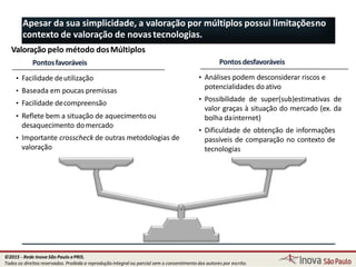 Pontos desfavoráveis
• Análises podem desconsiderar riscos e
potencialidades doativo
• Possibilidade de super(sub)estimativas de
valor graças à situação do mercado (ex. da
bolha dainternet)
• Dificuldade de obtenção de informações
passíveis de comparação no contexto de
tecnologias
Apesar da sua simplicidade, a valoração por múltiplos possui limitaçõesno
contexto de valoração de novastecnologias.
49
Valoração pelo método dosMúltiplos
Pontosfavoráveis
• Facilidade deutilização
• Baseada em poucas premissas
• Facilidade decompreensão
• Reflete bem a situação de aquecimento ou
desaquecimento domercado
• Importante crosscheck de outras metodologias de
valoração
©2015 - Rede Inova São Paulo ePRIS.
Todos os direitos reservados. Proibida a reprodução integral ou parcial sem o consentimento dos autores por escrito.
 