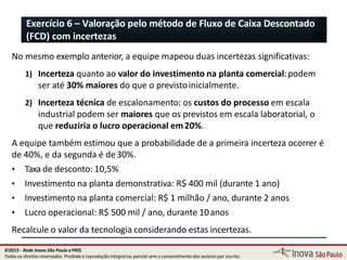 No mesmo exemplo anterior, a equipe mapeou duas incertezas significativas:
1) Incerteza quanto ao valor do investimento na planta comercial:podem
ser até 30% maiores do que o previstoinicialmente.
2) Incerteza técnica de escalonamento: os custos do processo em escala
industrial podem ser maiores que os previstos em escala laboratorial, o
que reduziria o lucro operacional em20%.
A equipe também estimou que a probabilidade de a primeira incerteza ocorrer é
de 40%, e da segunda é de30%.
• Taxa de desconto: 10,5%
• Investimento na planta demonstrativa: R$ 400 mil (durante 1 ano)
• Investimento na planta comercial: R$ 1 milhão / ano, durante 2 anos
• Lucro operacional: R$ 500 mil / ano, durante 10anos
Recalcule o valor da tecnologia considerando estas incertezas.
59
Exercício 6 – Valoração pelo método de Fluxo de Caixa Descontado
(FCD) com incertezas
©2015 - Rede Inova São Paulo ePRIS.
Todos os direitos reservados. Proibida a reprodução integral ou parcial sem o consentimento dos autores por escrito.
 