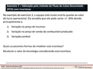 Exercício 7 – Valoração pelo método de Fluxo de Caixa Descontado
(FCD) com incertezas
No exemplo do exercício 3, a equipe está muito incerta quanto ao valor
do lucro operacional. Ela acredita que ele pode variar +/- 30% devido
principalmentea:
1) Variação no preço de insumos
2) Variação no preço de venda do combustível produzido
3) Variaçãocambial
Quais as possíveis formas de modelar esta incerteza?
Recalcule o valor da tecnologia considerando esta incerteza.
68
©2015 - Rede Inova São Paulo ePRIS.
Todos os direitos reservados. Proibida a reprodução integral ou parcial sem o consentimento dos autores por escrito.
 
