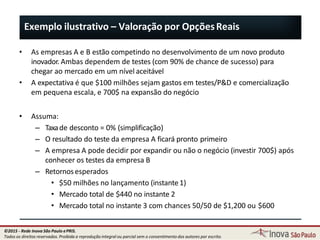 Exemplo ilustrativo – Valoração por OpçõesReais
73
• As empresas A e B estão competindo no desenvolvimento de um novo produto
inovador. Ambas dependem de testes (com 90% de chance de sucesso) para
chegar ao mercado em um nível aceitável
• A expectativa é que $100 milhões sejam gastos em testes/P&D e comercialização
em pequena escala, e 700$ na expansão do negócio
• Assuma:
– Taxade desconto = 0% (simplificação)
– O resultado do teste da empresa A ficará pronto primeiro
– A empresa A pode decidir por expandir ou não o negócio (investir 700$) após
conhecer os testes da empresa B
– Retornosesperados
• $50 milhões no lançamento (instante1)
• Mercado total de $440 no instante 2
• Mercado total no instante 3 com chances 50/50 de $1,200 ou $600
©2015 - Rede Inova São Paulo ePRIS.
Todos os direitos reservados. Proibida a reprodução integral ou parcial sem o consentimento dos autores por escrito.
 