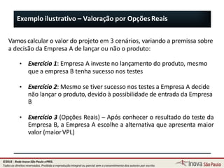Exemplo ilustrativo – Valoração por OpçõesReais
75
Vamos calcular o valor do projeto em 3 cenários, variando a premissa sobre
a decisão da Empresa A de lançar ou não o produto:
• Exercício 1: Empresa A investe no lançamento do produto, mesmo
que a empresa B tenha sucesso nos testes
• Exercício 2: Mesmo se tiver sucesso nos testes a Empresa A decide
não lançar o produto, devido à possibilidade de entrada da Empresa
B
• Exercício 3 (Opções Reais) – Após conhecer o resultado do teste da
Empresa B, a Empresa A escolhe a alternativa que apresenta maior
valor (maiorVPL)
©2015 - Rede Inova São Paulo ePRIS.
Todos os direitos reservados. Proibida a reprodução integral ou parcial sem o consentimento dos autores por escrito.
 