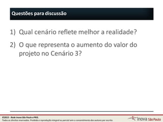 Questões para discussão
79
1) Qual cenário reflete melhor a realidade?
2) O que representa o aumento do valor do
projeto no Cenário 3?
©2015 - Rede Inova São Paulo ePRIS.
Todos os direitos reservados. Proibida a reprodução integral ou parcial sem o consentimento dos autores por escrito.
 