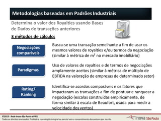 Metodologias baseadas em PadrõesIndustriais
Negociações
comparáveis
Paradigmas
Busca-se uma transação semelhante a fim de usar os
mesmos valores de royalties e/ou termos da negociação
(similar à métrica de m² no mercado imobiliário)
Uso de valores de royalties e de termos de negociações
amplamente aceitos (similar à métrica de múltiplo de
EBTIDA na valoração de empresas de determinado setor)
Determina o valor dos Royalties usando Bases
de Dados de transações anteriores
3 métodos de cálculo:
Rating/
Ranking
Identifica-se acordos comparáveis e os fatores que
impactaram as transações a fim de pontuar e ranquear a
negociação (escalas construídas empiricamente, de
forma similar à escala de Beaufort, usada para medir a
83
velocidade dosventos)
©2015 - Rede Inova São Paulo ePRIS.
Todos os direitos reservados. Proibida a reprodução integral ou parcial sem o consentimento dos autores por escrito.
 