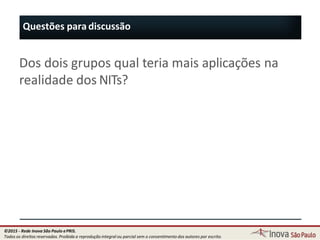 Questões para discussão
97
Dos dois grupos qual teria mais aplicações na
realidade dos NITs?
©2015 - Rede Inova São Paulo ePRIS.
Todos os direitos reservados. Proibida a reprodução integral ou parcial sem o consentimento dos autores por escrito.
 
