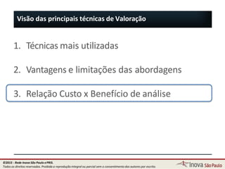 1. Técnicas mais utilizadas
2. Vantagens e limitações das abordagens
3. Relação Custo x Benefício de análise
Visão das principais técnicas de Valoração
98
©2015 - Rede Inova São Paulo ePRIS.
Todos os direitos reservados. Proibida a reprodução integral ou parcial sem o consentimento dos autores por escrito.
 