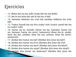  12. Mahai bat eta lau aulki (maáy bàt éta law áwlkì)
 13. Ate bi eta leiho bat (até bì éta ley-ó bàt)
 14. Hamalau telebista eta irrati bat (amálaw telébistà éta irráti
bàt)
 15. Txakur haundi bat eta hiru txakur txiki (txakúr awndí bàt éta
íru txakúr txíkì)
 16. Hamar eta bi, hamabi; hamar eta lau, hamalau; hamar eta
sei, hamasei; hamar eta zortzi, hamazortzi (Ámar éta bi, amábi,
ámar éta law, amálaw; ámar éta sey, amásey; ámar éta zórtzi,
amázortzì)
 17. Zenbat dira hamar eta bat? (Zémbat dirà ámar éta bàt?)
 18. Zenbat dira hamar eta hiru? (Zémbat dirà ámar éta írù?)
 19. Zenbat dira hamar eta bost? (Zémbat dirà ámar éta bòst?)
 20. Zenbat dira hamar eta zazpi? (Zémbat dirà ámar éta zázpì?)
 21. Zenbat dira hamar eta bederatzi? (Zémbat dirà ámar éta
bedératzì?)
 