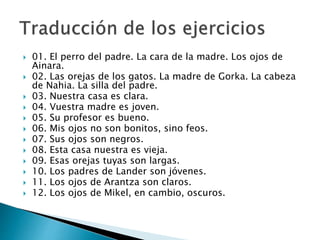  01. El perro del padre. La cara de la madre. Los ojos de
Ainara.
 02. Las orejas de los gatos. La madre de Gorka. La cabeza
de Nahia. La silla del padre.
 03. Nuestra casa es clara.
 04. Vuestra madre es joven.
 05. Su profesor es bueno.
 06. Mis ojos no son bonitos, sino feos.
 07. Sus ojos son negros.
 08. Esta casa nuestra es vieja.
 09. Esas orejas tuyas son largas.
 10. Los padres de Lander son jóvenes.
 11. Los ojos de Arantza son claros.
 12. Los ojos de Mikel, en cambio, oscuros.
 