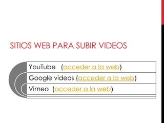 SITIOS WEB PARA SUBIR VIDEOS

    YouTube (acceder a la web)
    Google videos (acceder a la web)
    Vimeo (acceder a la web)
 