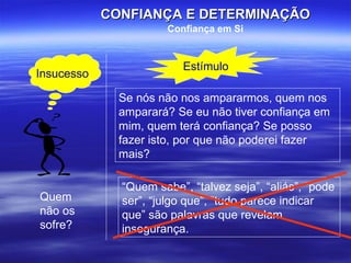 Se nós não nos ampararmos, quem nos amparará? Se eu não tiver confiança em mim, quem terá confiança? Se posso fazer isto, por que não poderei fazer mais? Insucesso Quem não os sofre? “ Quem sabe”, “talvez seja”, “aliás”, “pode ser”, “julgo que”, “tudo parece indicar que” são palavras que revelam insegurança.  Estímulo CONFIANÇA E DETERMINAÇÃO Confiança em Si 