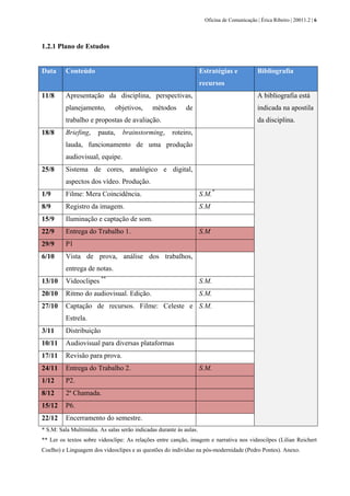 Oficina de Comunicação | Érica Ribeiro | 20011.2 | 6
1.2.1 Plano de Estudos
Data Conteúdo Estratégias e
recursos
Bibliografia
11/8 Apresentação da disciplina, perspectivas,
planejamento, objetivos, métodos de
trabalho e propostas de avaliação.
A bibliografia está
indicada na apostila
da disciplina.
18/8 Briefing, pauta, brainstorming, roteiro,
lauda, funcionamento de uma produção
audiovisual, equipe.
25/8 Sistema de cores, analógico e digital,
aspectos dos vídeo. Produção.
1/9 Filme: Mera Coincidência. S.M.*
8/9 Registro da imagem. S.M
15/9 Iluminação e captação de som.
22/9 Entrega do Trabalho 1. S.M
29/9 P1
6/10 Vista de prova, análise dos trabalhos,
entrega de notas.
13/10 Videoclipes **
S.M.
20/10 Ritmo do audiovisual. Edição. S.M.
27/10 Captação de recursos. Filme: Celeste e
Estrela.
S.M.
3/11 Distribuição
10/11 Audiovisual para diversas plataformas
17/11 Revisão para prova.
24/11 Entrega do Trabalho 2. S.M.
1/12 P2.
8/12 2ª Chamada.
15/12 P6.
22/12 Encerramento do semestre.
* S.M: Sala Multimídia. As salas serão indicadas durante às aulas.
** Ler os textos sobre videoclipe: As relações entre canção, imagem e narrativa nos videocilpes (Lilian Reichert
Coelho) e Linguagem dos videoclipes e as questões do indivíduo na pós-modernidade (Pedro Pontes). Anexo.
 