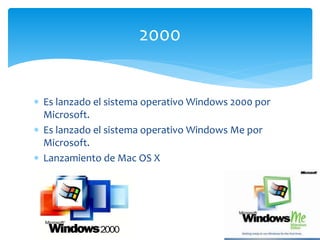  Es lanzado el sistema operativo Windows 2000 por
Microsoft.
 Es lanzado el sistema operativo Windows Me por
Microsoft.
 Lanzamiento de Mac OS X
2000
 