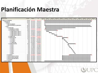 • Nivel más alto del sistema de planificación
• Se realiza la planificación por hitos
• Dedicado a articular las actividades así como ver su
duración y secuencia dentro del proyecto completo
• Se analiza todas las actividades de forma muy general
Planificación Maestra
 