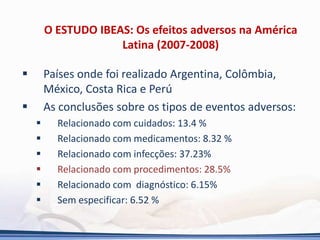 O ESTUDO IBEAS: Os efeitos adversos na América
Latina (2007-2008)
 Países onde foi realizado Argentina, Colômbia,
México, Costa Rica e Perú
 As conclusões sobre os tipos de eventos adversos:
 Relacionado com cuidados: 13.4 %
 Relacionado com medicamentos: 8.32 %
 Relacionado com infecções: 37.23%
 Relacionado com procedimentos: 28.5%
 Relacionado com diagnóstico: 6.15%
 Sem especificar: 6.52 %
 