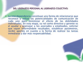 DEL LIDERAZGO PERSONAL AL LIDERAZGO COLECTIVO:   La interdependencia constituye una forma de relacionarse que reconoce y utiliza las potencialidades de comunicación de cada uno para minimizar el efecto de las debilidades individuales. En esta etapa, su rol como directivo y gerente es el ayudar y aconsejar a los asociados y empleados, solicitar que vayan informándole resultados, establecer parámetros, recibir aportes en cuanto a la forma de realizar las tareas inmediatas y dar más responsabilidad. 