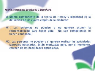 Teoría situacional de Hersey y Blanchard El último componente de la teoría de Hersey y Blanchard es la definición de las cuatro etapas de la madurez: M1. Las personas no pueden o no quieren asumir la responsabilidad para hacer algo.  No son competentes ni tienen confianza. M2. Las personas no pueden y si quieren realizar las actividades laborales necesarias. Están motivadas pero, por el momento, carecen de las habilidades apropiadas. 
