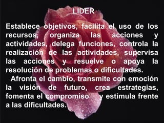 Establece objetivos, facilita el uso de los recursos, organiza las acciones y actividades, delega funciones, controla la realización de las actividades, supervisa las acciones y resuelve o apoya la resolución de problemas o dificultades. Afronta el cambio, transmite con emoción la visión de futuro, crea estrategias, fomenta el compromiso  y estimula frente a las dificultades. LIDER 