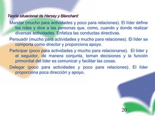 20
Teoría situacional de Hersey y BlanchardTeoría situacional de Hersey y Blanchard
Mandar (mucho para actividades y poco para relaciones). El líder define
los roles y dice a las personas que, como, cuando y donde realizar
diversas actividades. Enfatiza las conductas directivas.
Persuadir (mucho para actividades y mucho para relaciones). El líder se
comporta como director y proporciona apoyo.
Participar (poco para actividades y mucho para relacionarse). El líder y
el seguidor, de manera conjunta, toman decisiones y la función
primordial del líder es comunicar y facilitar las cosas.
Delegar (poco para actividades y poco para relaciones). El líder
proporciona poca dirección y apoyo.
 