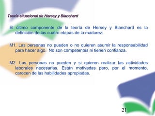 21
Teoría situacional de Hersey y BlanchardTeoría situacional de Hersey y Blanchard
El último componente de la teoría de Hersey y Blanchard es la
definición de las cuatro etapas de la madurez:
M1. Las personas no pueden o no quieren asumir la responsabilidad
para hacer algo. No son competentes ni tienen confianza.
M2. Las personas no pueden y si quieren realizar las actividades
laborales necesarias. Están motivadas pero, por el momento,
carecen de las habilidades apropiadas.
 