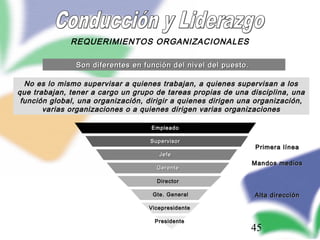 45
REQUERIMIENTOS ORGANIZACIONALES
Son diferentes en función del nivel del puesto.Son diferentes en función del nivel del puesto.
No es lo mismo supervisar a quienes trabajan, a quienes supervisan a losNo es lo mismo supervisar a quienes trabajan, a quienes supervisan a los
que trabajan, tener a cargo un grupo de tareas propias de una disciplina, unaque trabajan, tener a cargo un grupo de tareas propias de una disciplina, una
función global, una organización, dirigir a quienes dirigen una organización,función global, una organización, dirigir a quienes dirigen una organización,
varias organizaciones o a quienes dirigen varias organizacionesvarias organizaciones o a quienes dirigen varias organizaciones
EmpleadoEmpleado
SupervisorSupervisor
JefeJefe
GerenteGerente
DirectorDirector
Gte. GeneralGte. General
VicepresidenteVicepresidente
PresidentePresidente
Primera líneaPrimera línea
Mandos mediosMandos medios
Alta direcciónAlta dirección
 