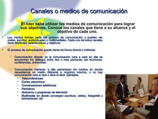 72
Canales o medios de comunicaciónCanales o medios de comunicación
 Los medios forman parte del proceso de comunicación y pueden serLos medios forman parte del proceso de comunicación y pueden ser
orales, escritos, audiovisuales o multimediales. Cada uno de estos canalesorales, escritos, audiovisuales o multimediales. Cada uno de estos canales
tiene diferentes características y objetivos.tiene diferentes características y objetivos.
 El proceso de comunicación puede darse de forma directa o indirecta:El proceso de comunicación puede darse de forma directa o indirecta:
 Comunicación directa: es la comunicación cara a cara en ella seComunicación directa: es la comunicación cara a cara en ella se
encuentran los diálogos entre dos o mas personas, las reuniones,encuentran los diálogos entre dos o mas personas, las reuniones,
conferencias, entrevistas.conferencias, entrevistas.
 Comunicación indirecta: a ella pertenecen los medios en dondeComunicación indirecta: a ella pertenecen los medios en donde
necesitamos un medio diferente a nosotros mismos, o no haynecesitamos un medio diferente a nosotros mismos, o no hay
comunicación cara a cara ocomunicación cara a cara o face to face. Ejemplos:face to face. Ejemplos:
• TeleconferenciasTeleconferencias
• Correo electrónicoCorreo electrónico
• Conversaciones telefónicasConversaciones telefónicas
• PeriódicosPeriódicos
• Noticieros o programas de televisiónNoticieros o programas de televisión
• Multimedia en donde convergen escritura, videos, fotografía uMultimedia en donde convergen escritura, videos, fotografía u
animaciones, etcanimaciones, etc
Él líder sabe utilizar los medios de comunicación para lograr
sus objetivos. Conoce los canales que tiene a su alcance y el
objetivo de cada uno.
 