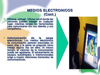 75
MEDIOS ELECTRONICOSMEDIOS ELECTRONICOS
(Cont.)(Cont.)
 Oficina virtual:Oficina virtual: Oficina móvil donde lasOficina móvil donde las
personas pueden trabajar en cualquierpersonas pueden trabajar en cualquier
lugar, mientras tengan las herramientaslugar, mientras tengan las herramientas
para comunicarse con sus clientes y suspara comunicarse con sus clientes y sus
compañeros.compañeros.
 Administración de la cargaAdministración de la carga
electrónica:electrónica: Los medios electrónicosLos medios electrónicos
de comunicación parecen esenciales ende comunicación parecen esenciales en
estos días y la gente se pregunta cómoestos días y la gente se pregunta cómo
trabajó alguna vez sin ellos. Al mismotrabajó alguna vez sin ellos. Al mismo
tiempo, el volumen de la comunicacióntiempo, el volumen de la comunicación
puede ser agobiante. El advenimiento depuede ser agobiante. El advenimiento de
equipos autodirigidos e ínterfuncionalesequipos autodirigidos e ínterfuncionales
exige e inspira volúmenes tremendos deexige e inspira volúmenes tremendos de
comunicaciones.comunicaciones.
 