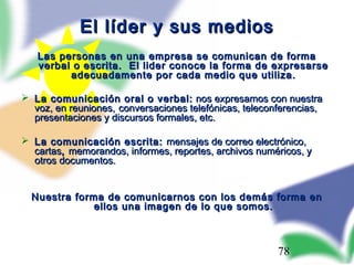 78
El líder y sus mediosEl líder y sus medios
Las personas en una empresa se comunican de formaLas personas en una empresa se comunican de forma
verbal o escrita. El lider conoce la forma de expresarseverbal o escrita. El lider conoce la forma de expresarse
adecuadamente por cada medio que utiliza.adecuadamente por cada medio que utiliza.
 La comunicación oral o verbal:La comunicación oral o verbal: nos expresamos con nuestranos expresamos con nuestra
voz, en reuniones,voz, en reuniones, conversaciones telefónicas, teleconferencias,conversaciones telefónicas, teleconferencias,
presentaciones y discursos formales, etc.presentaciones y discursos formales, etc.
 La comunicación escrita:La comunicación escrita: mensajes de correo electrónico,mensajes de correo electrónico,
cartascartas,, memorandos, informes, reportes, archivos numéricos, ymemorandos, informes, reportes, archivos numéricos, y
otros documentos.otros documentos.
Nuestra forma de comunicarnos con los demás forma enNuestra forma de comunicarnos con los demás forma en
ellos una imagen de lo que somos.ellos una imagen de lo que somos.
 