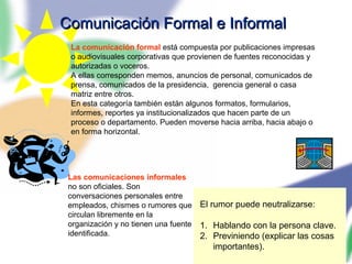 92
Comunicación Formal e InformalComunicación Formal e Informal
Las comunicaciones informales
no son oficiales. Son
conversaciones personales entre
empleados, chismes o rumores que
circulan libremente en la
organización y no tienen una fuente
identificada.
El rumor puede neutralizarse:
1. Hablando con la persona clave.
2. Previniendo (explicar las cosas
importantes).
La comunicación formal está compuesta por publicaciones impresas
o audiovisuales corporativas que provienen de fuentes reconocidas y
autorizadas o voceros.
A ellas corresponden memos, anuncios de personal, comunicados de
prensa, comunicados de la presidencia, gerencia general o casa
matriz entre otros.
En esta categoría también están algunos formatos, formularios,
informes, reportes ya institucionalizados que hacen parte de un
proceso o departamento. Pueden moverse hacia arriba, hacia abajo o
en forma horizontal.
 