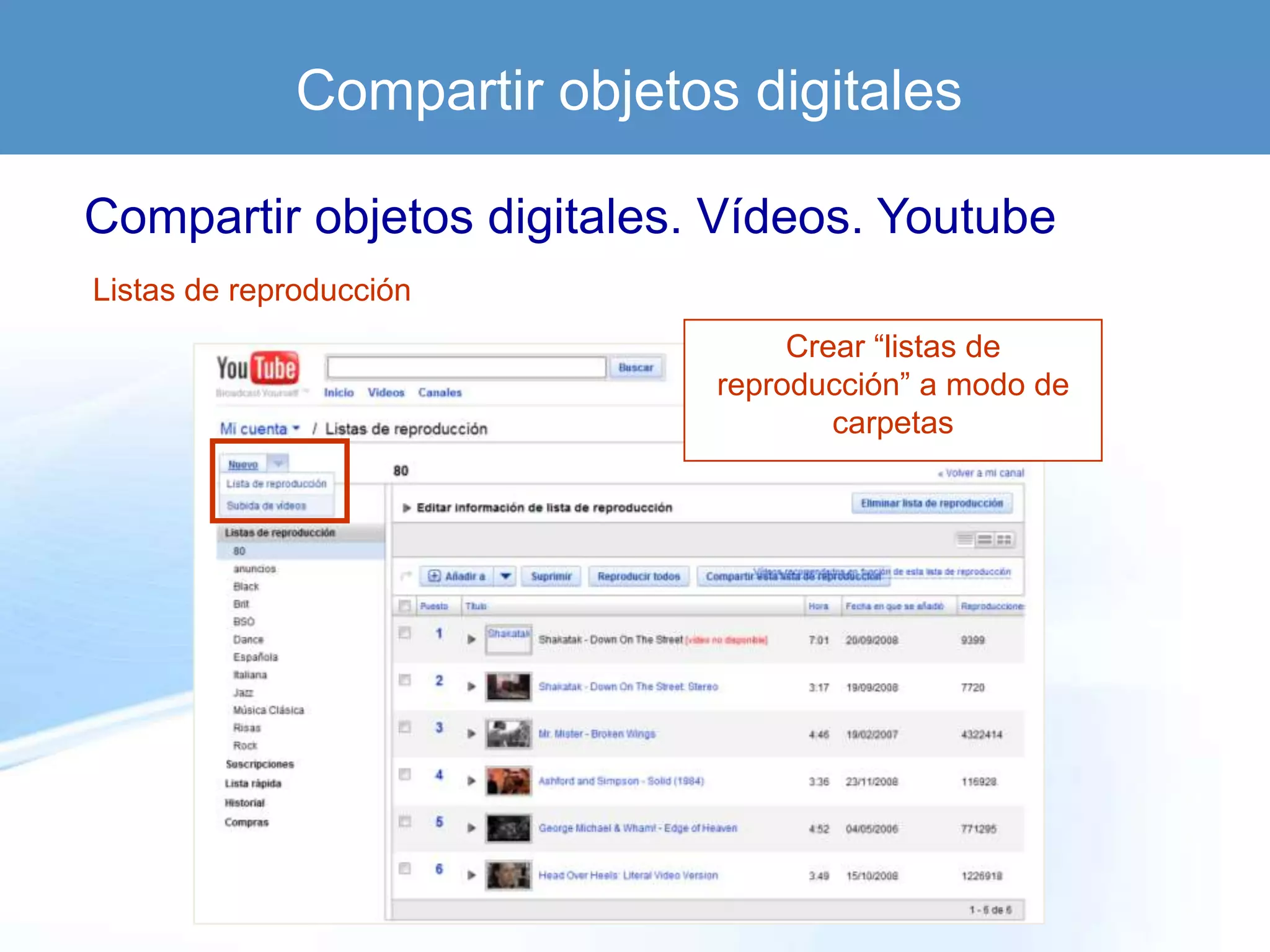 Compartir objetos digitales

Compartir objetos digitales. Vídeos. Youtube
Listas de reproducción
                                    Crear “listas de
                               reproducción” a modo de
                                       carpetas
 