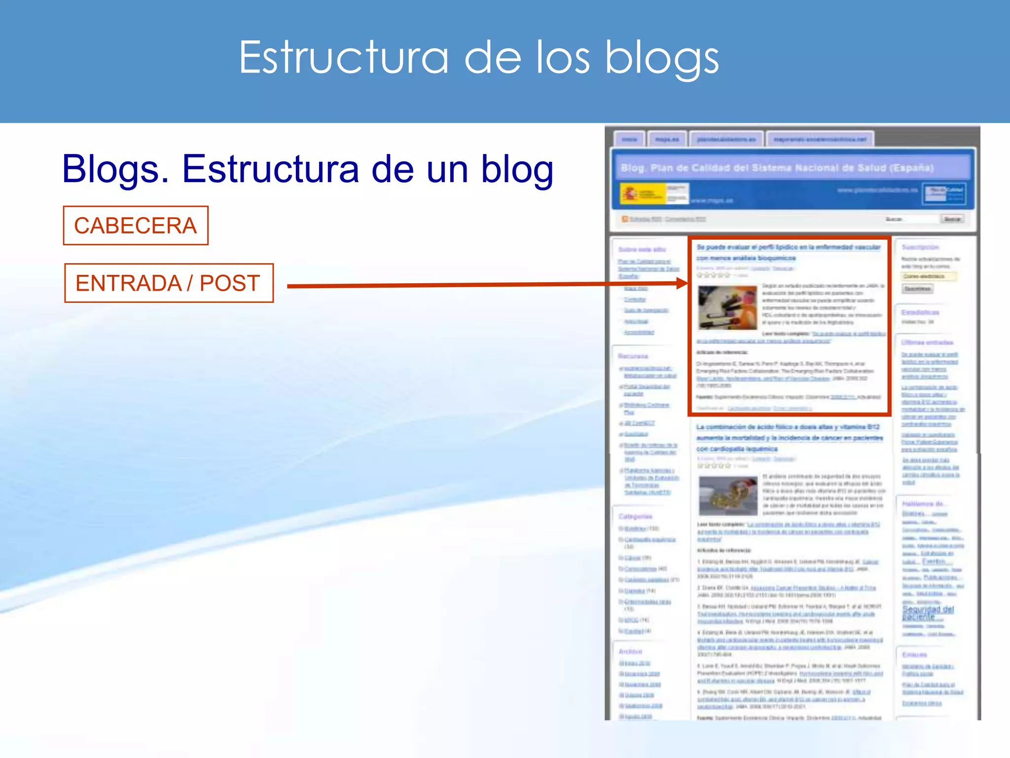 Estructura de los blogs

Blogs. Estructura de un blog
CABECERA

ENTRADA / POST
 