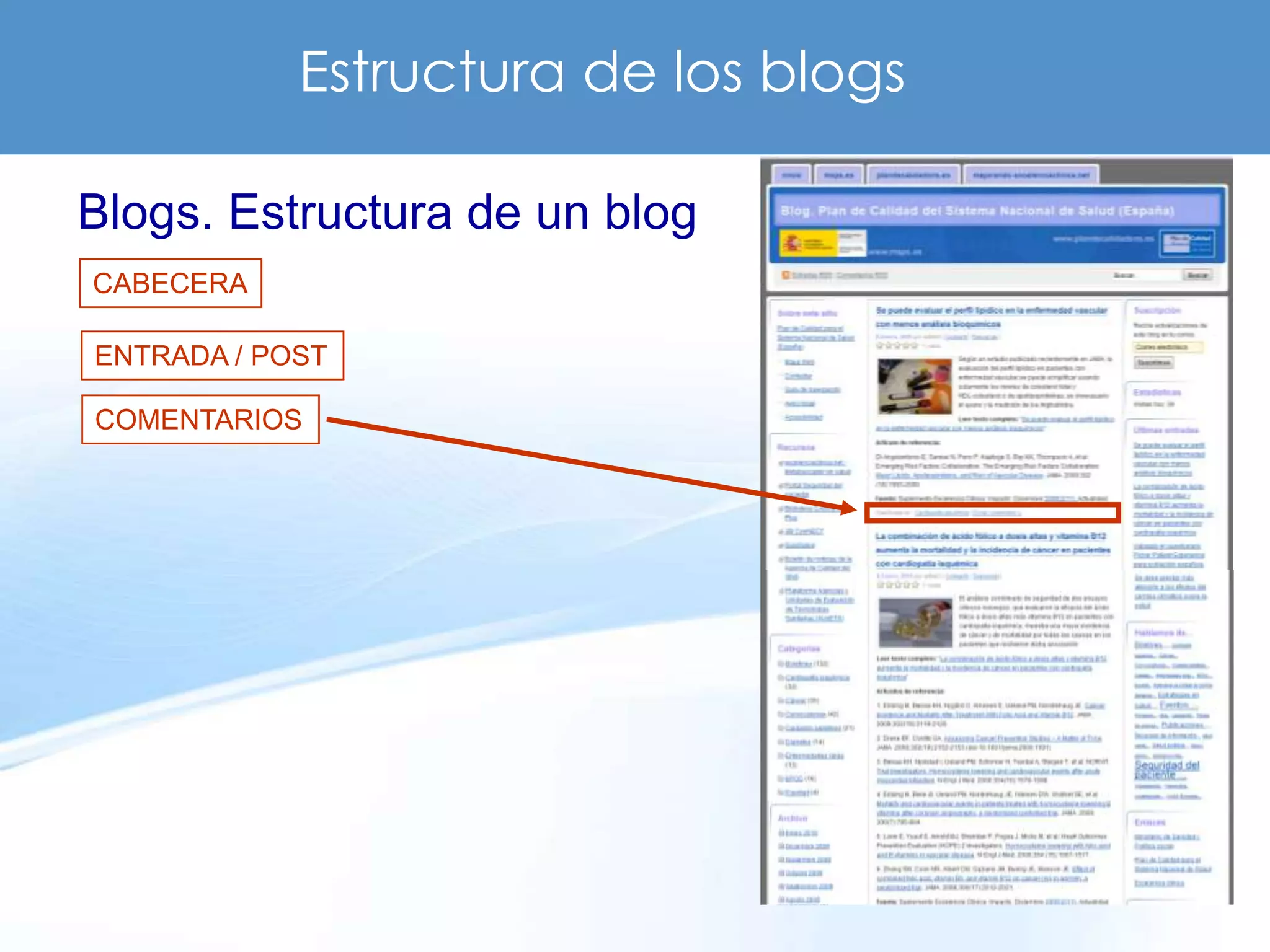 Estructura de los blogs

Blogs. Estructura de un blog
CABECERA

ENTRADA / POST

COMENTARIOS
 