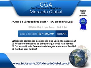  Qual a importância de estar sempre editando seu Blog e ou canais de relacionamentos.Como vender nos principais sites de anúncios como: Mercado Livre e Toda Oferta, sem ter que pagar as comissões cobradas por eles! Como usar suaURL personalizada para não perder  vendas em sua loja?Seu Link para anunciar é:www.SeuNome.ggamercadoglobal.com.brEntre em sua Área Vip, logo acima vá para:“MEUS DADOS>ALTERAR USUARIO>Coloque apenas o nome que vai aparecer antes de .ggamercadoglobal.com.brExemplo: www.compreaqui.ggamercadoglobal.com.br 