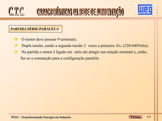 WEG - Transformando Energia em Soluções
PARTIDA SÉRIE-PARALELA
 O motor deve possuir 9 terminais;
 Dupla tensão, sendo a segunda tensão 2 vezes a primeira. Ex.:(220/440Volts);
 Na partida o motor é ligado em série até atingir sua rotação nominal e, então,
faz-se a comutação para a configuração paralelo.
1-1
Partida
 