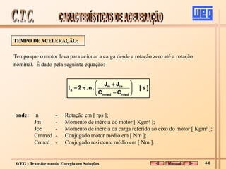 WEG - Transformando Energia em Soluções
]
s
[
C
C
J
J
.
n
.
2
t
rmed
mmed
ce
m
a 











Tempo que o motor leva para acionar a carga desde a rotação zero até a rotação
nominal. É dado pela seguinte equação:
onde: n - Rotação em [ rps ];
Jm - Momento de inércia do motor [ Kgm² ];
Jce - Momento de inércia da carga referido ao eixo do motor [ Kgm² ];
Cmmed - Conjugado motor médio em [ Nm ];
Crmed - Conjugado resistente médio em [ Nm ].
TEMPO DE ACELERAÇÃO:
Manual 4-6
 