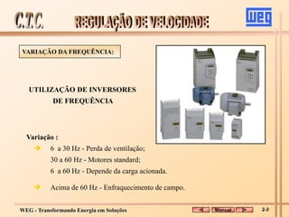 WEG - Transformando Energia em Soluções
VARIAÇÃO DA FREQUÊNCIA:
UTILIZAÇÃO DE INVERSORES
DE FREQUÊNCIA
Variação :
 6 a 30 Hz - Perda de ventilação;
30 a 60 Hz - Motores standard;
6 a 60 Hz - Depende da carga acionada.
 Acima de 60 Hz - Enfraquecimento de campo.
Manual 2-3
 