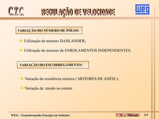 WEG - Transformando Energia em Soluções
 Utilização de motores DAHLANDER;
 Utilização de motores de ENROLAMENTOS INDEPENDENTES.
 Variação da resistência rotórica ( MOTORES DE ANÉIS );
 Variação da tensão no estator.
VARIAÇÃO DO NÚMERO DE PÓLOS:
VARIAÇÃO DO ESCORREGAMENTO:
Manual 3-3
 