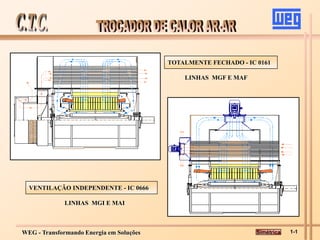 WEG - Transformando Energia em Soluções
TOTALMENTE FECHADO - IC 0161
LINHAS MGF E MAF
VENTILAÇÃO INDEPENDENTE - IC 0666
LINHAS MGI E MAI
Simétrica 1-1
 