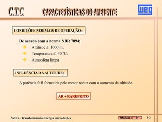 WEG - Transformando Energia em Soluções
CONDIÇÕES NORMAIS DE OPERAÇÃO:
INFLUÊNCIA DAALTITUDE:
A potência útil fornecida pelo motor reduz com o aumento da altitude.
De acordo com a norma NBR 7094:
 Altitude  1000 m;
 Temperatura  40 ºC;
 Atmosfera limpa
AR + RAREFEITO
Manual 1-3
 