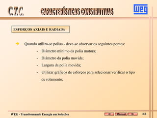 WEG - Transformando Energia em Soluções
 Quando utiliza-se polias - deve-se observar os seguintes pontos:
- Diâmetro mínimo da polia motora;
- Diâmetro da polia movida;
- Largura da polia movida;
- Utilizar gráficos de esforços para selecionar/verificar o tipo
de rolamento;
ESFORÇOS AXIAIS E RADIAIS:
Manual 3-6
 