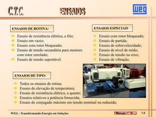 WEG - Transformando Energia em Soluções
 Ensaio com rotor bloqueado;
 Ensaio de partida;
 Ensaio de sobrevelocidade;
 Ensaio de nível de ruído;
 Ensaio de tensão no eixo;
 Ensaio de vibração.
 Ensaio de resistência elétrica, a frio;
 Ensaio em vazio;
 Ensaio com rotor bloqueado;
 Ensaio de tensão secundária para motores
com rotor enrolado;
 Ensaio de tensão suportável.
ENSAIOS DE ROTINA:
ENSAIOS DE TIPO:
 Todos os ensaios de rotina;
 Ensaio de elevação de temperatura;
 Ensaio de resistência elétrica, a quente;
 Ensaios relativos a potência fornecida;
 Ensaio de conjugado máximo em tensão nominal ou reduzida;
ENSAIOS ESPECIAIS
1-2
Manual
 