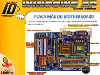 A placa mãe é a placa principal, nela são conectados todos os hardwares de seu computador. 