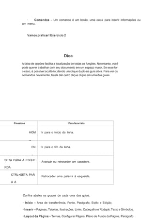 ·
Comandos – Um comando é um botão, uma caixa para inserir informações ou
um menu.

Vamos praticar! Exercício 2

Dica
A faixa de opções facilita a localização de todas as funções. No entanto, você
pode querer trabalhar com seu documento em um espaço maior. Se esse for
o caso, é possível ocultá-lo, dando um clique duplo na guia ativa. Para ver os
comandos novamente, basta dar outro clique duplo em uma das guias.

Pressione

Para fazer isto

HOM

Ir para o início da linha.

E
EN
D
SETA PARA A ESQUE

Ir para o ﬁm da linha.

Avançar ou retroceder um caractere.

RDA
OU SETA PARA A DIR
CTRL+SETA PAR

Retroceder uma palavra à esquerda.

A A
ESQUER
Conﬁra abaixo os grupos de cada uma das guias:
· Início – Área de transferência, Fonte, Parágrafo, Estilo e Edição.
· Inserir – Páginas, Tabelas, Ilustrações, Links, Cabeçalho e Rodapé, Texto e Símbolos.
· Layout da Página – Temas, Conﬁgurar Página, Plano de Fundo da Página, Parágrafo

 