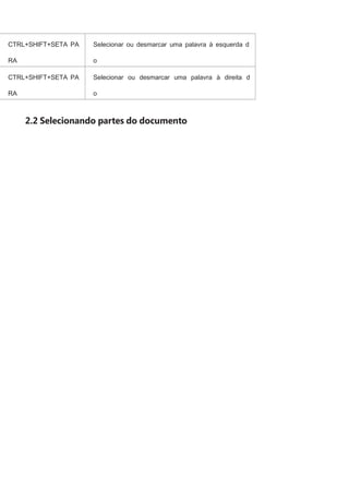 CTRL+SHIFT+SETA PA

Selecionar ou desmarcar uma palavra à esquerda d

RA

o

A ESQUER
CTRL+SHIFT+SETA PA

cursor.
Selecionar ou desmarcar uma palavra à direita d

RA

o
A DIREIT

cursor.

2.2 Selecionando partes do documento

 